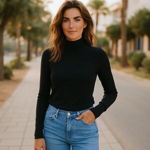 American Eagle Ribbed Mock Neck Long Sleeve Black Top Size S